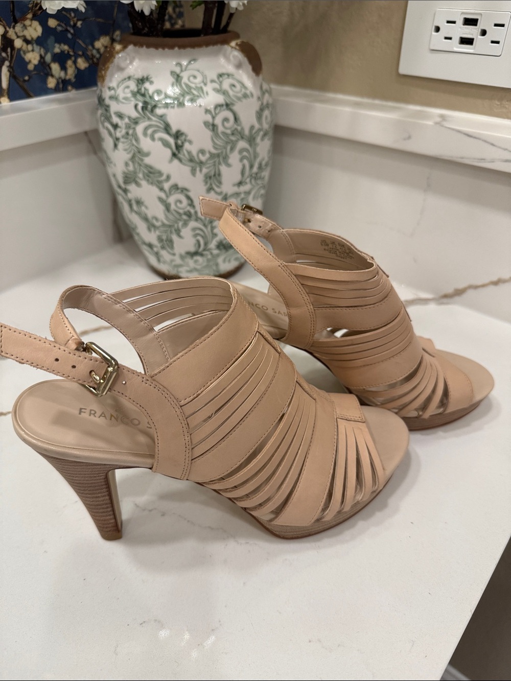 Franco Sarto Beige Strappy Slingback Heels